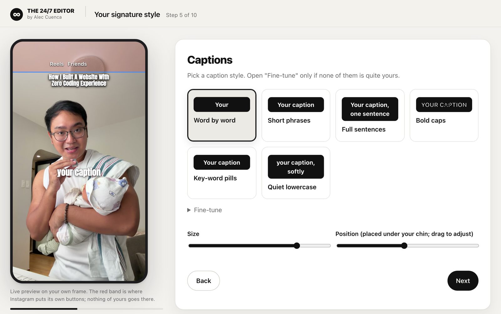The signature style screen in THE 24/7 EDITOR kit, picking a caption style on a live preview of Alec’s own video frame